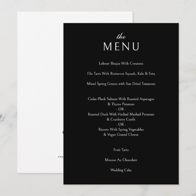 Elegantes klassisches formales Black Wedding Dinne Menükarte (Vorne/Hinten)