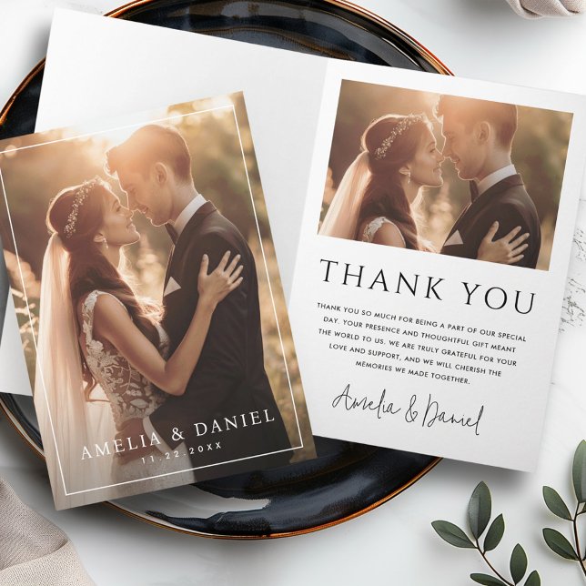 Elegantes klassisches Foto gefaltet Dankeskarte (Elegant classic wedding photo date folded thank you card)