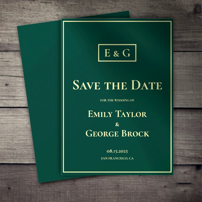 Elegantes, klassisches Green Gold Monogram, Modern Save The Date (Von Creator hochgeladen)