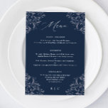 Elegantes, klassisches Hochzeitmenü der Marine Menükarte<br><div class="desc">Elegantes Blue Wedding Menu: Dieses luxuriöse Hochzeitsmenü eignet sich perfekt für eine elegante,  klassisch marineblaue Hochzeit. Es zeichnet sich durch eine Vintage verzierte Grenze mit moderner und eleganter Kalligraphie aus. Hier finden Sie alle passenden dunkelblauen Hochzeitsartikel.</div>