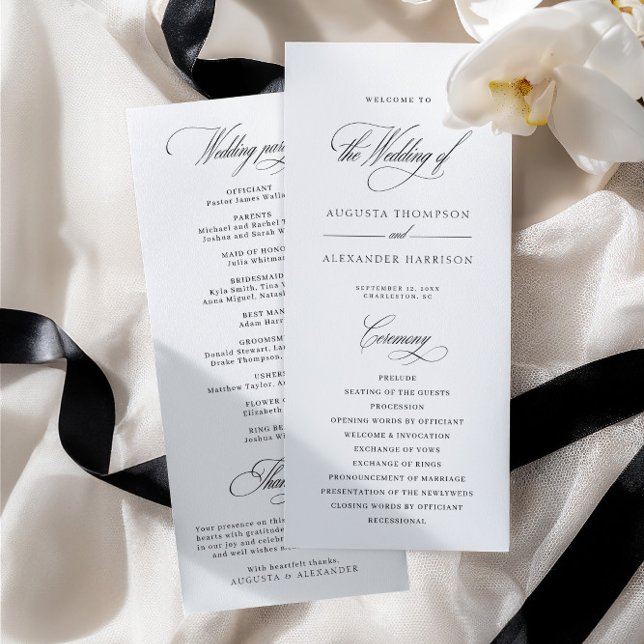 Elegantes klassisches Kalligrafie-Hochzeitsprogram (Elegant Classic Calligraphy White Wedding Program)