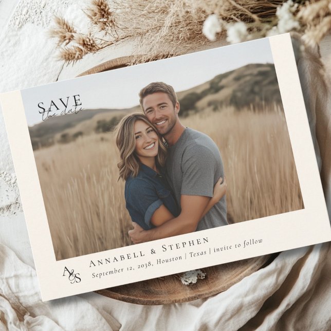 Elegantes, klassisches, Monogramm, Beige, 1. Foto  Save The Date (Elegant, Classic, Monogram, Beige, Wedding 1 Photo Save The Date Card)