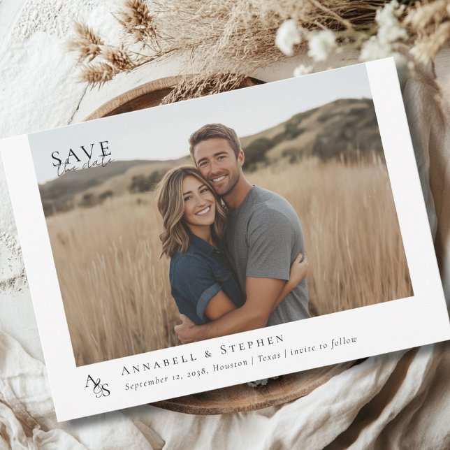 Elegantes, klassisches, Monogramm, Weiß, 1. Foto H Save The Date (Elegant, Classic, Monogram, White, Wedding 1 Photo Save The Date Carf.)