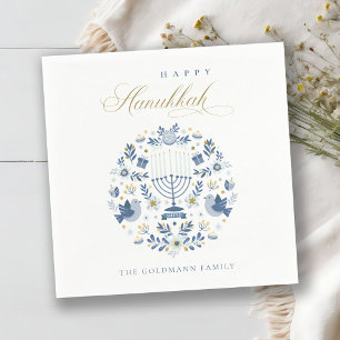 Elegantes klassisches Navy Blue Happy Hanukkah Flo Serviette