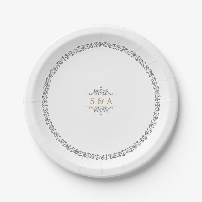 Elegantes klassisches Oldtimer-Hochzeitsmonogramm Pappteller (Vorderseite)