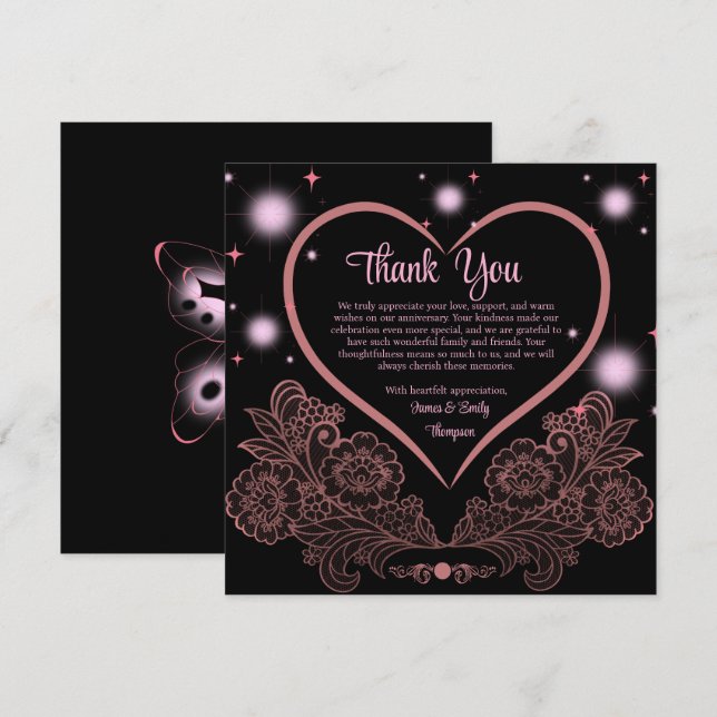 Elegantes klassisches Rosa und schwarzes Hochzeits Dankeskarte (Vorne/Hinten)