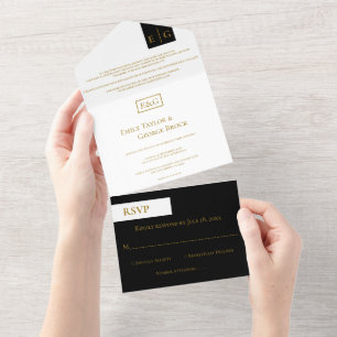 Elegantes Klassisches Schwarz Weiß Gold Monogramm  All In One Einladung