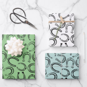 Elegantes Klassisches Schwarz-weißes Pferderennen Geschenkpapier Set