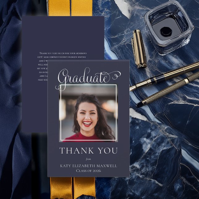 Elegantes, klassisches Script Graduate Foto Blue Dankeskarte (Elegant Classy Script Graduate Photo Blue Thank You Card)