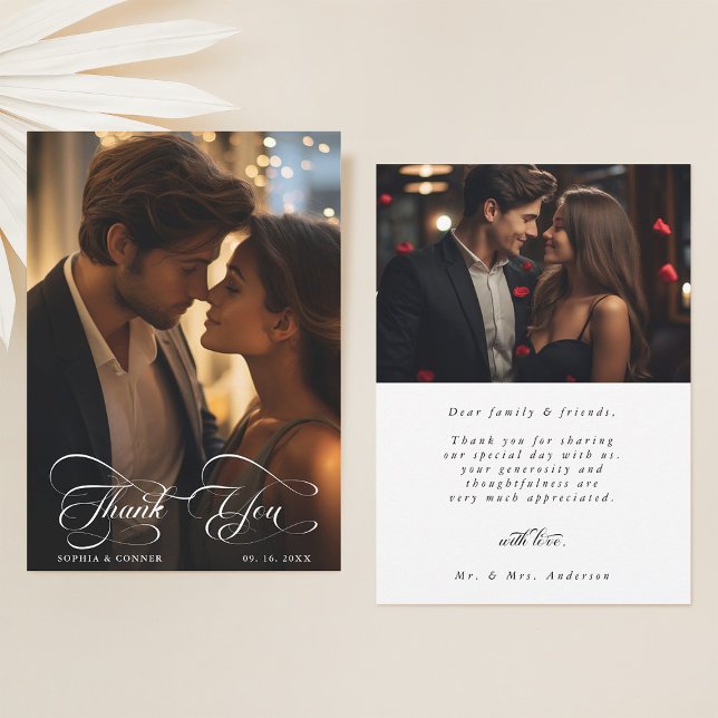 Elegantes, klassisches Script Wedding 2 Foto Dankeskarte (Front & Back)