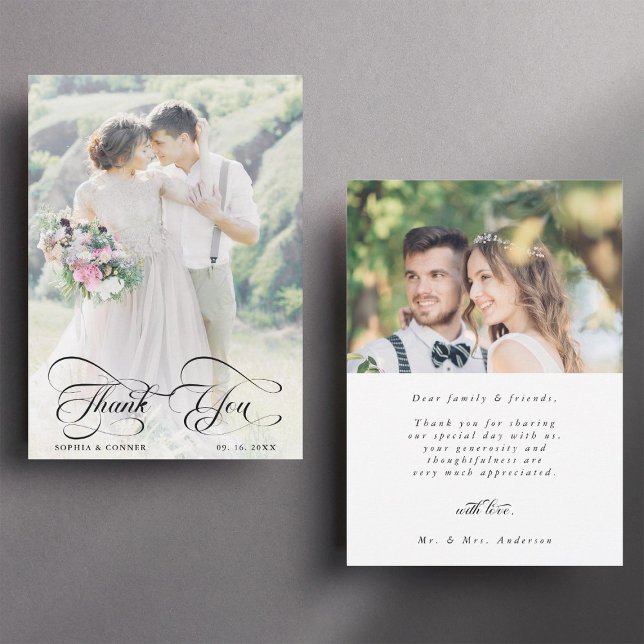 Elegantes, klassisches Script Wedding 2 Foto Dankeskarte (Front & Back)