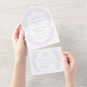 Elegantes klassisches Skript Hochzeit in Lila All In One Einladung