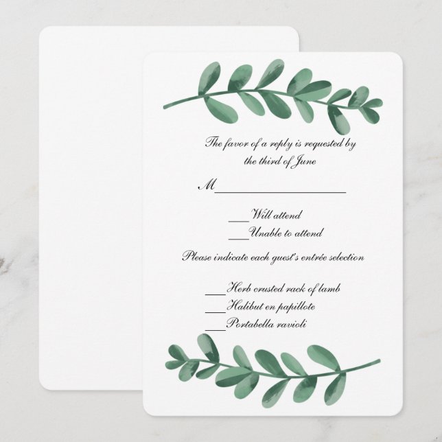 Elegantes klassisches Watercolor Green Blätter Res Einladung (Vorne/Hinten)