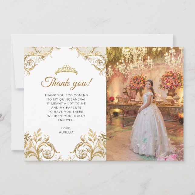Elegantes klassisches White Gold Foto Quinceñera Dankeskarte (Vorderseite)