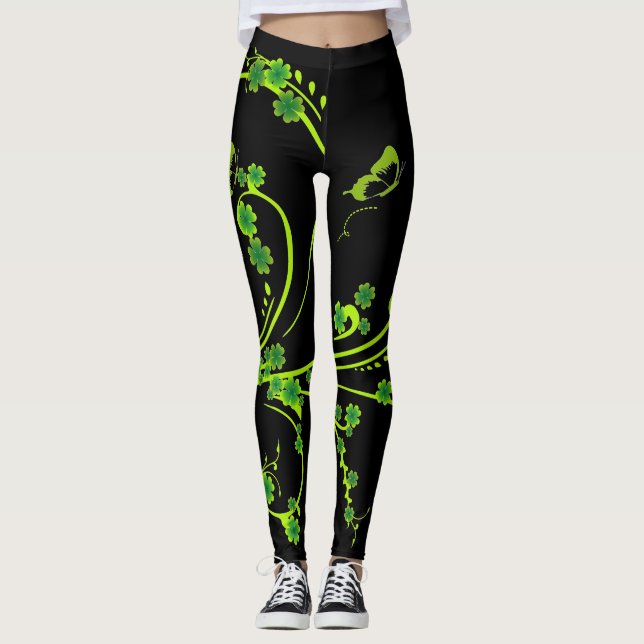 Elegantes Kleeblatt Reben und Schmetterlinge Leggi Leggings (Vorderseite)