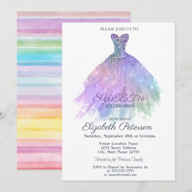 Elegantes Kleid Aquarell Farbenfroh gestreift Süß  Einladung (Vorne/Hinten)