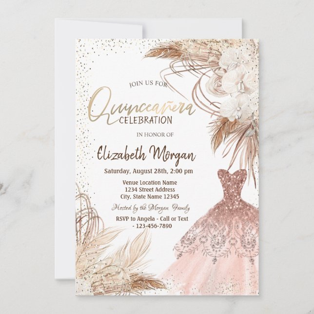 Elegantes Kleid, Confetti Boho Blume Quinceañera Einladung (Vorderseite)