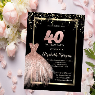 Elegantes Kleid, Confetti Rose Gold 40. Geburtstag Einladung