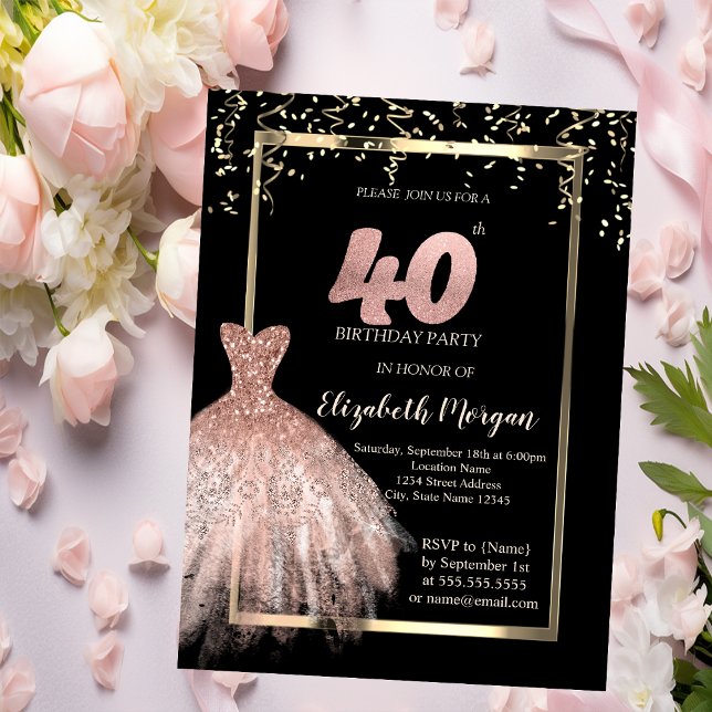 Elegantes Kleid, Confetti Rose Gold 40. Geburtstag Einladung (Von Creator hochgeladen)