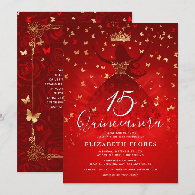 Elegantes Kleid Crown Red and Gold Quinceanera Einladung (Vorne/Hinten)