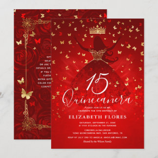 Elegantes Kleid Crown Red and Gold Quinceanera Einladung