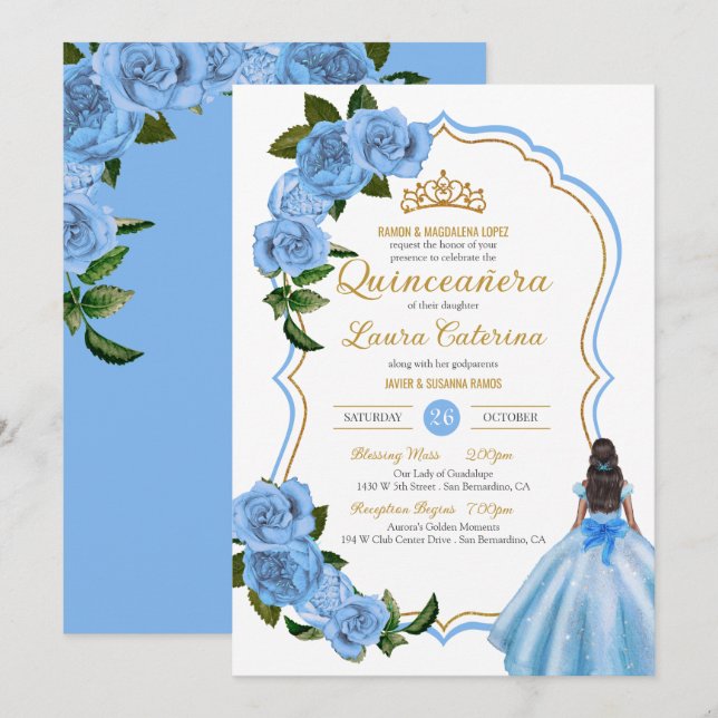 Elegantes Kleid Quinceanera Light Blue Rose Einlad Einladung (Vorne/Hinten)
