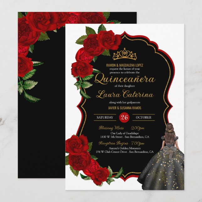 Elegantes Kleid Quinceanera Rote Rosen Schwarz und Einladung (Vorne/Hinten)