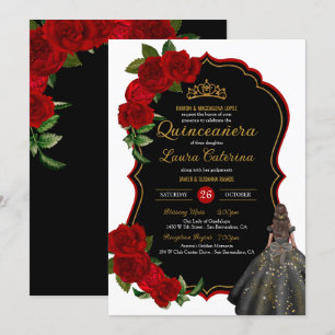 Elegantes Kleid Quinceanera Rote Rosen Schwarz und Einladung