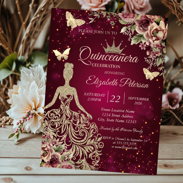 Elegantes Kleid, Schmetterling Blumen Rot Quinceañ Einladung (Von Creator hochgeladen)