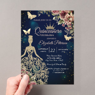 Elegantes Kleid, Schmetterling Blumen Sterne Blau Acryleinladungen
