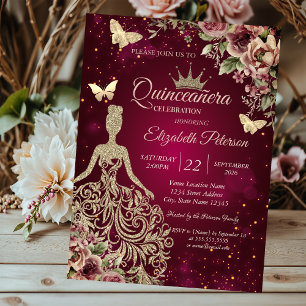 Elegantes Kleid, Schmetterling Floral Rot Quinceañ Einladung