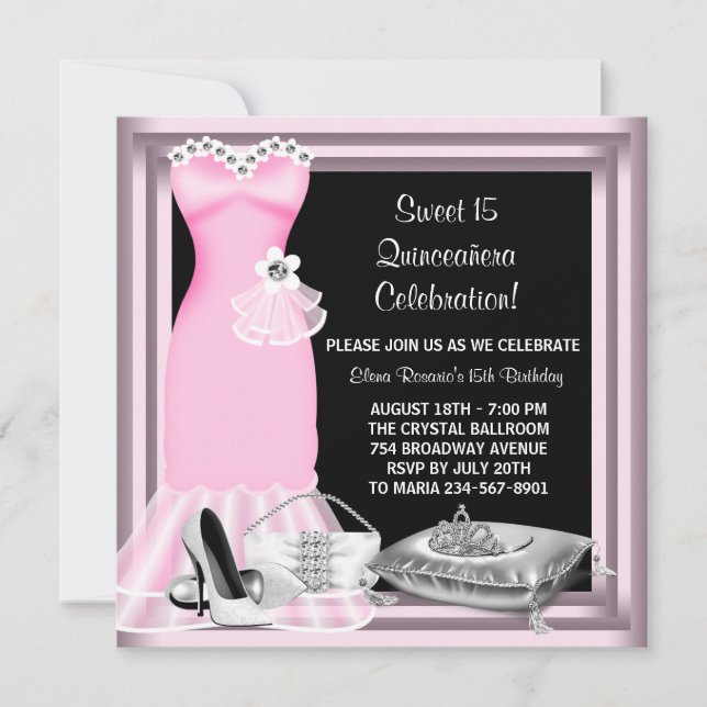 Elegantes Kleid Tiara Pink Quinceanera Einladung (Vorderseite)