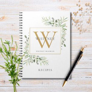 Elegantes Kochbuch mit Grünpflanzen-Monogramm-Name Notizblock