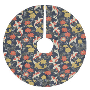 Elegantes Koi-Fisch- und Lotus-Muster Polyester Weihnachtsbaumdecke
