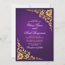 Elegantes königliches lila und goldenes Blumenhoch Einladung