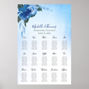Elegantes königsblaues Wasserfarben-Blumen-Grün Poster