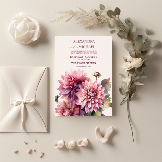 Elegantes Korallenriff und rosa Dahlia Hochzeit Einladung (Von Creator hochgeladen)