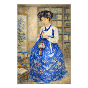 Elegantes koreanisches Hanbok-Mädchen mit Glücksbe Fotodruck