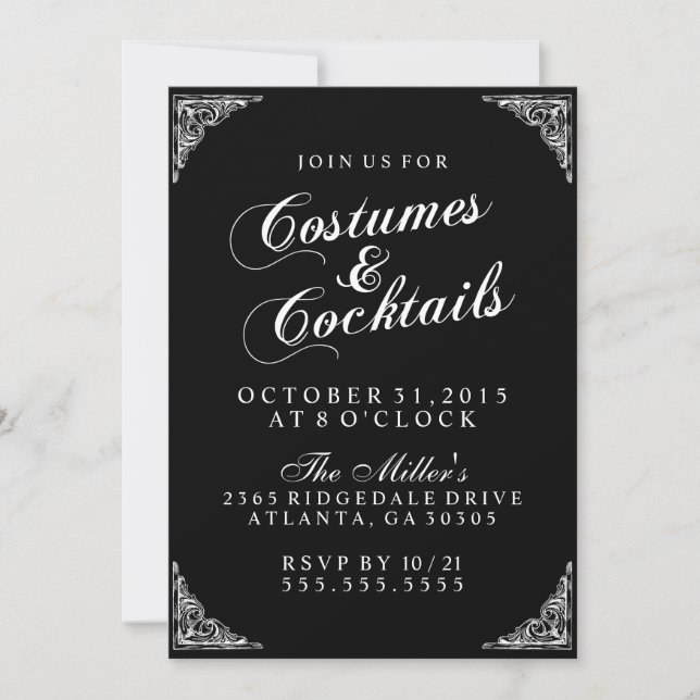 Elegantes Kostüm und Cocktails Halloween-Party Einladung (Vorderseite)