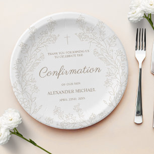 Elegantes Kreuz Florales Konfirmations-Dankeschön Pappteller