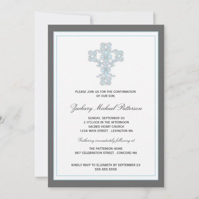 Elegantes Kreuz in Blue Son Bestätigung Einladung (Vorderseite)