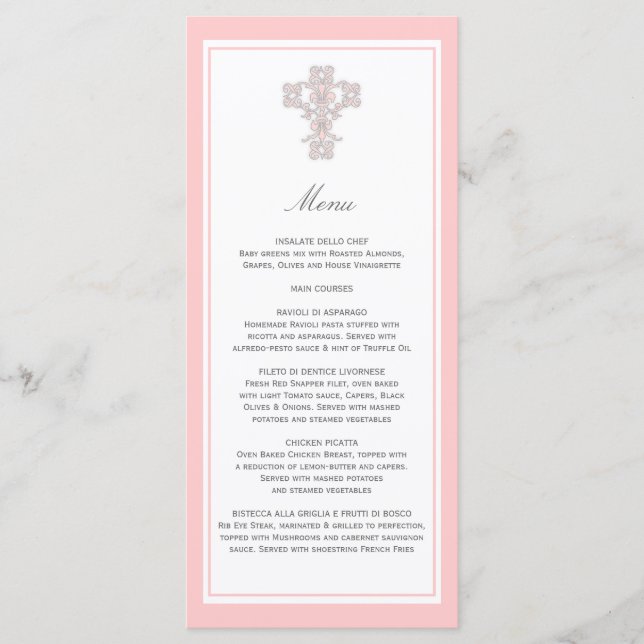 Elegantes Kreuz in der rosa Menükarte (Vorderseite)