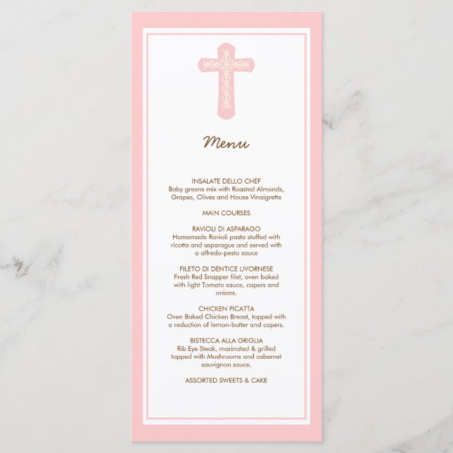 Elegantes Kreuz in der rosa Menükarte (Vorderseite)