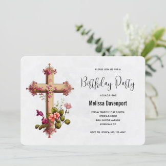 Elegantes Kreuz mit rosa Blume Geburtstag Einladung