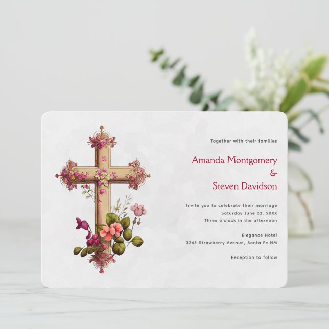 Elegantes Kreuz mit rosa Blume Hochzeit Einladung (Stehend Vorderseite)