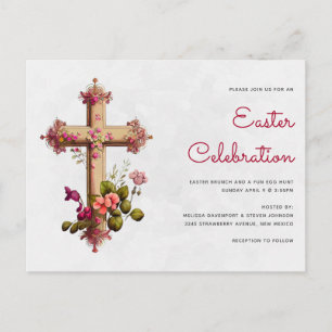 Elegantes Kreuz mit rosa Blume Osterfest Party Postkarte