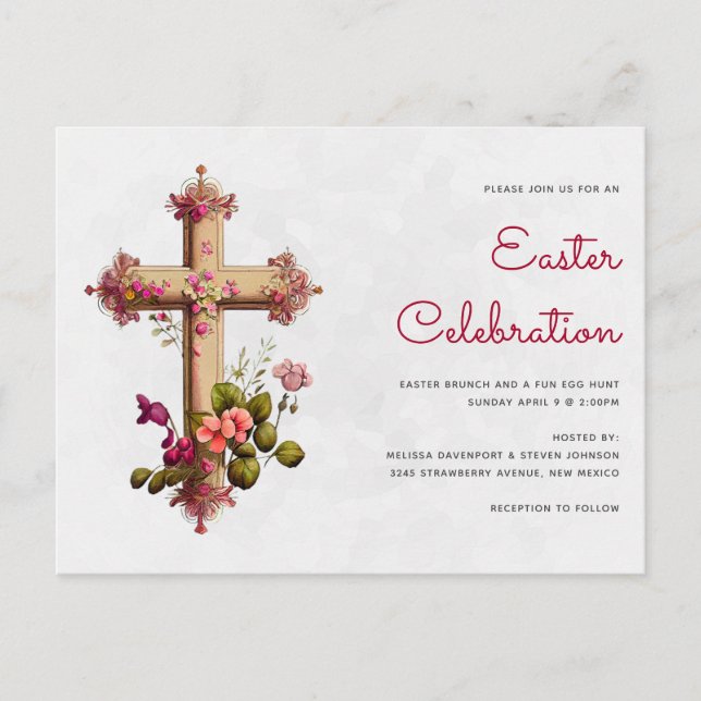 Elegantes Kreuz mit rosa Blume Osterfest Party Postkarte (Vorderseite)
