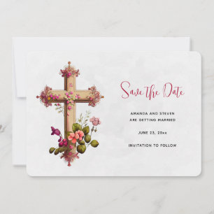 Elegantes Kreuz mit rosa Blume Save The Date