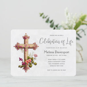 Elegantes Kreuz mit rosa Blumen Gedenkstätte Einladung