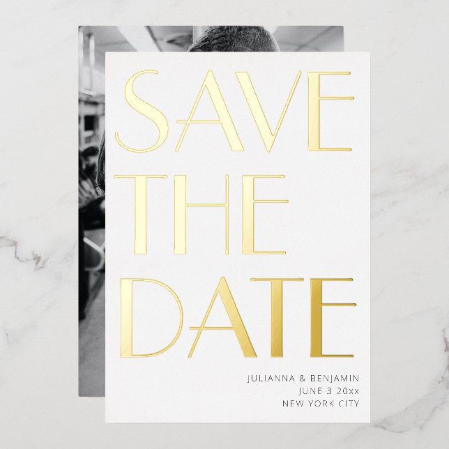 Elegantes kühnes Art Deco Foto Save the Date Gold Folieneinladung (Vorderseite/Rückseite)